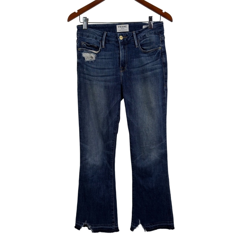 FRAME Denim Le Crop Mini Boot Roberts Jeans Dark Wash Distressed Raw Hem 26 - Picture 3 of 10